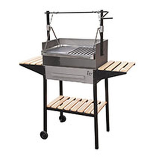 Barbecue à charbon ou à bois Flores Cortes avec grille réglable en hauteur et plateaux en bois de 60x40 cm.