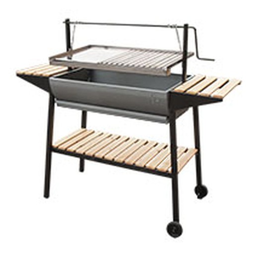 Flores Cortes charcoal or wood barbecue with adjustable height grill and 80x40 cm wooden trays.