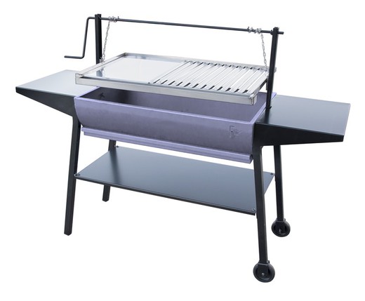 Flores Cortes charcoal or wood barbecue with curved drawer and adjustable grill height of 87x50 cm.
