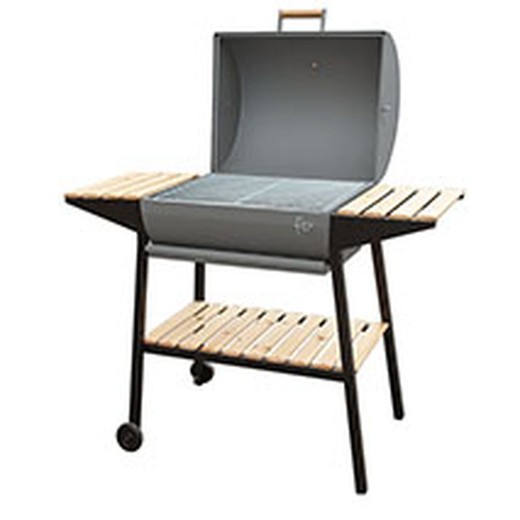 Flores Cortes charcoal or wood barbecue with curved drawer, lid with thermometer and 57x50 cm wooden trays.