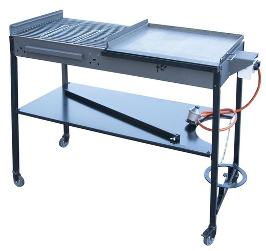 Charcoal or wood barbecue and Flores Cortes gas griddle measuring 145x57x100 cm.