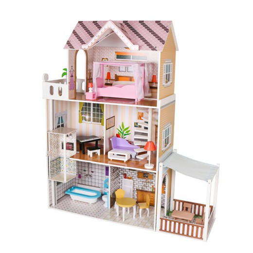 Laia legetøj dukkehus træ og MDF 75x39x120 cm med LED lys 18 møbler tilbehør og 3 etager —