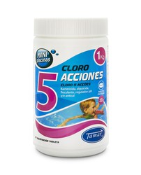 5 action chlorine in 20 gr tablets. 1 kg container.
