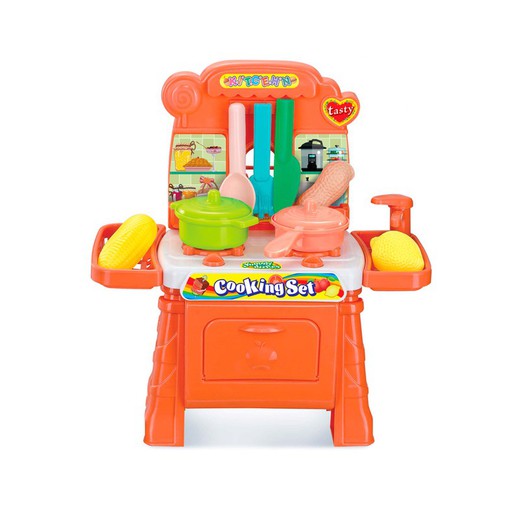 Spielküche 2 in 1 mit Einkaufswagen und Wasserhahn Robincool Coocking Set 29x13x31 cm Farbe Orange mit 11 Zubehör Inklusive
