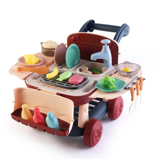 Spielküche 2 in 1 mit Wasserkreislauf Robincool Kitchen Cart 39x23x27 cm mit Einkaufswagen mit Lichtern 14 Zubehör