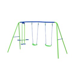 Metalen buitenschommel voor kinderen 2 zitplaatsen en 1 wip buitenspeelgoed 280x140x180 cm blauw en groen 3-8 jaar