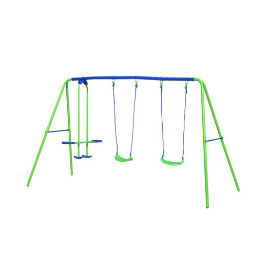 Children's Outdoor Metal Swing 2 Seats and 1 Seesaw Outdoor Toys 280x140x180 cm Blue and Green 3-8 Years