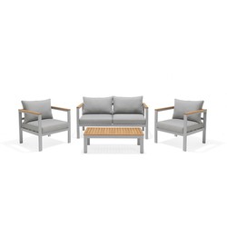 Conjunto de Jardín Chillvert Bérgamo Aluminio y Madera 1 Sofá + 2 Sillones + 1 Mesa Gris con Cojines