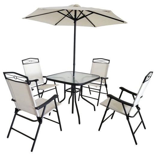 Lil Plateau fenomeen Chillvert Palatino Steel tuinset 1 tafel + 4 stoelen + 1 grijze parasol —  Brycus