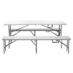 Ensemble Table + 2 Bancs Pliants et Portables Gardiun New Koln 180x74x74 cm en Résine Couleur Blanche