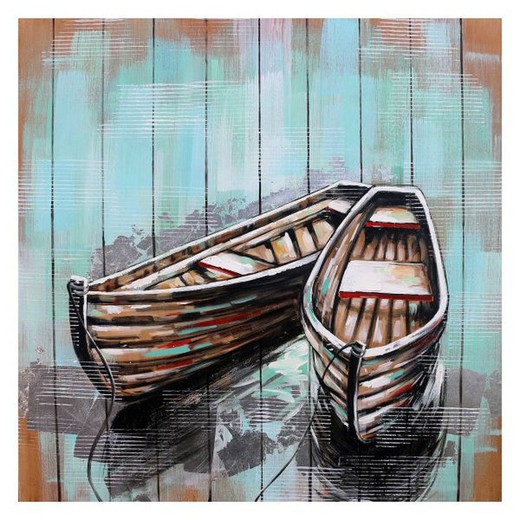 Tableau Peinture Kuatéh Barques 100x100 cm Collage 3D Huile sur Toile