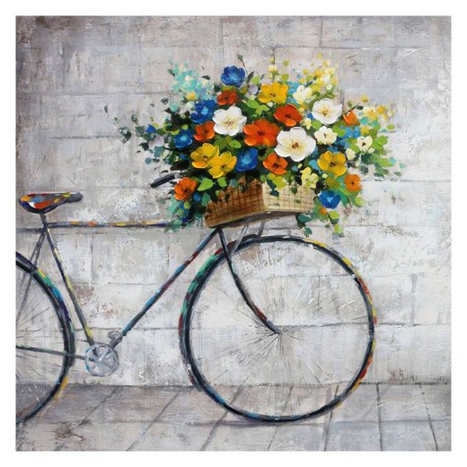 Tableau Peinture Figurative Kuatéh 100x100 cm Vélo avec Fleurs Huile sur Toile
