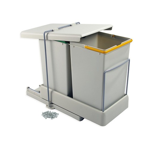 Emuca Recycling container, lower fixing, extraction and automatic lid, 2 buckets of 14 liters, Plastic, Gray