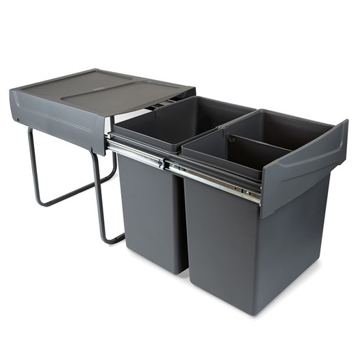 Emuca Recycling bins for kitchen, 2 x 20 L, bottom fixing, manual extraction, steel and plastic, anthracite gray.