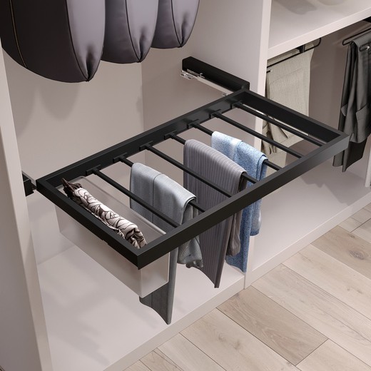 Emuca Kit of 7 trouser rods, 1 tray and guide frame with soft closing for cabinets, adjustable, 800mm module, Textured black