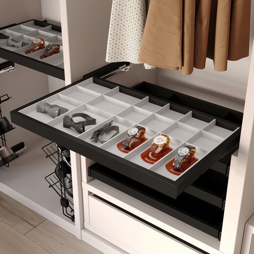 Emuca Kit de cajón organizador y bastidor de guías con cierre suave para armario, regulable, módulo 600mm, Negro texturizado y gris piedra