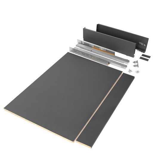 Kit cassettiera Emuca per cucina o bagno con top inclusi, chiusura ammortizzata, profondità 500 mm, altezza 93 mm, modulo 900 mm, Acciaio, Grigio antracite.