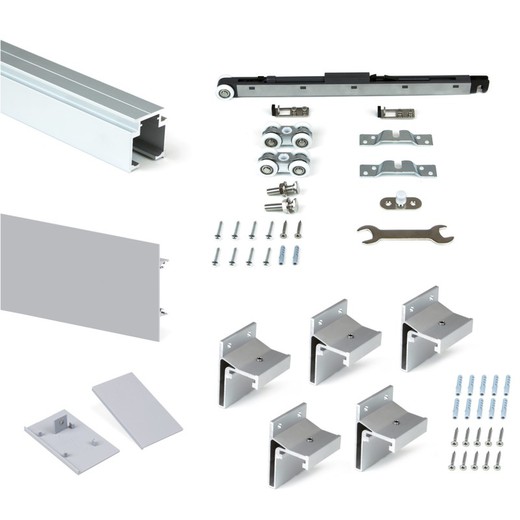 Emuca System for hanging wooden sliding doors, with soft closing, 80 kg, anodized aluminum
