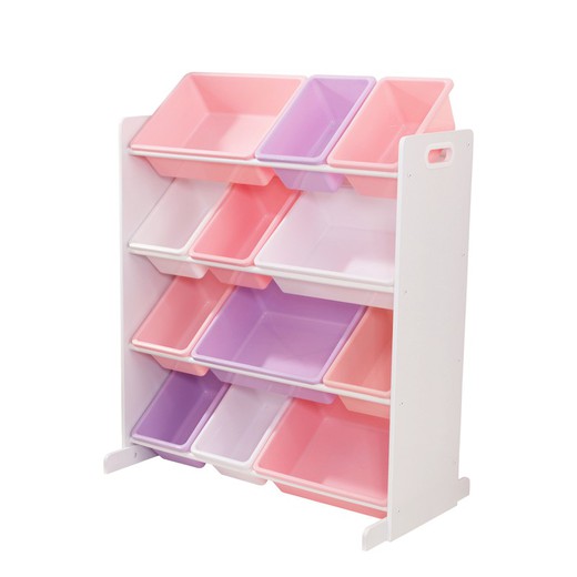Scaffale per riporre i giocattoli con 12 scatole: colori pastello e bianco