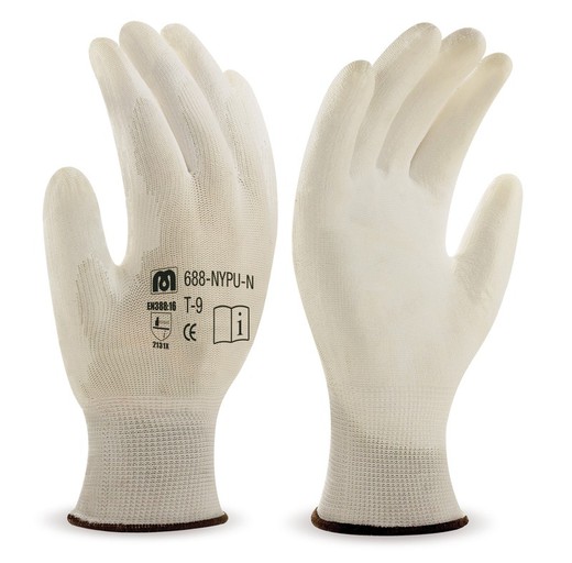 Seamless polyester glove. White polyurethane coated palm and fingers
