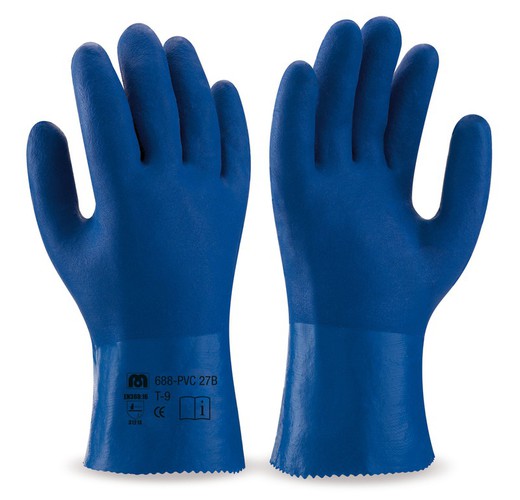 27 cm waterdichte PVC handschoenen. Kleur Blauw dubbellaags ruw