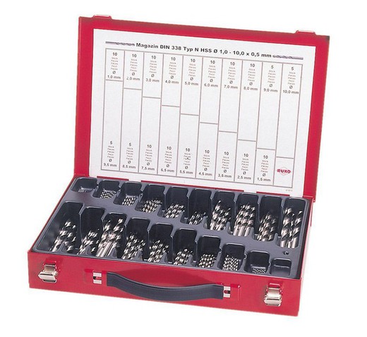 Set of 170 ground HSS drill bits in metal box