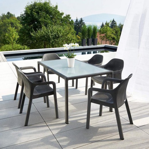 Outdoor-Tisch 160x90 Lechuza mit Glas und 6 Stühlen