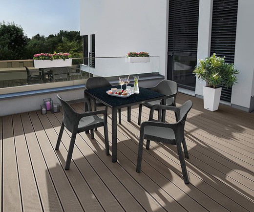 Outdoor-Tisch 90x90 Lechuza mit laminierter Platte und 4 Stühlen
