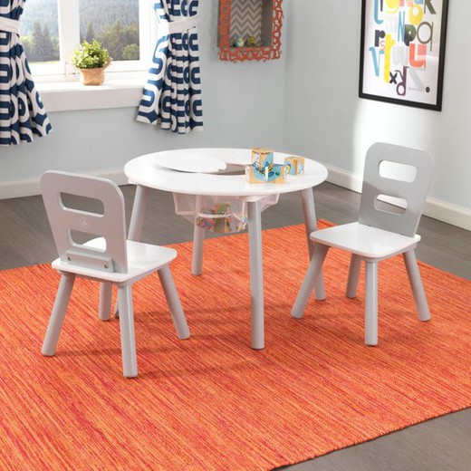 Rundt bord + 2 stol: grå och vit
