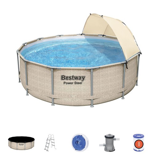 Detachable Tubular Pool Bestway Power Steel Rattan Design 396x107 cm with Cartridge Treatment Plant 2.006 L / H with Cover, Ladder and Roof