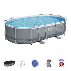 Removable Tubular Pool Bestway Power Steel Oval 488x305x107 cm with Cartridge Treatment Plant 3.028 L / H with Cover and Ladder
