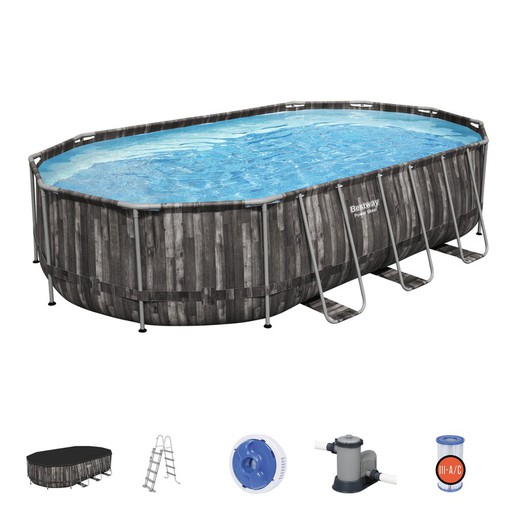 Avtagbar rörformad pool Bestway Power Steel Oval trädesign 610x366x122 cm med filterpatron 5.678 L / H med lock och stege
