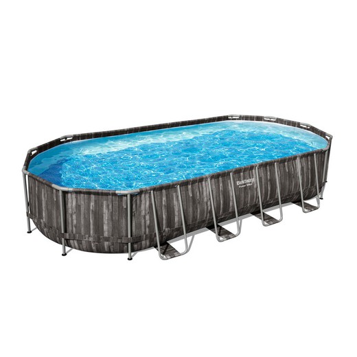 Removable Tubular Pool Bestway Power Steel Oval Wood Design 732x366x122 cm with Sand Treatment Plant 5.678 L / H with Cover and Ladder