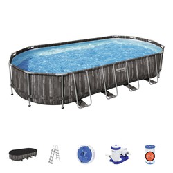 Bestway Power Steel Oval Tubular Detachable Pool Wood Design 732x366x122 cm with Cartridge Treatment Plant 9.463 L / H with Cover and Ladder