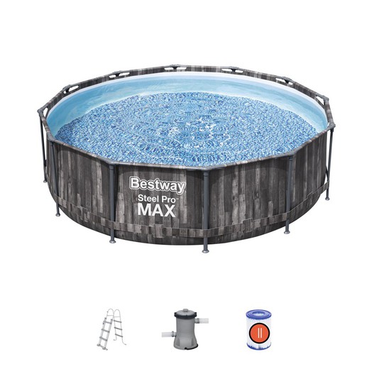 Removable Tubular Pool Bestway Steel Pro Max Wood Design 366x100 cm with Cartridge Treatment Plant 2.006 L / H with Ladder