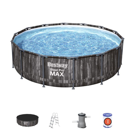 Aftagelig rørformet pool Bestway Steel Pro Max trædesign 427x107 cm med patronbehandlingsanlæg 3.028 L / H med låg og stige