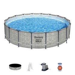 Piscina Tubular Destacável Bestway Steel Pro Max Stone Design Ø549x122 cm Cartucho Estação de Tratamento 5.678 l/h Cobertura e Escada