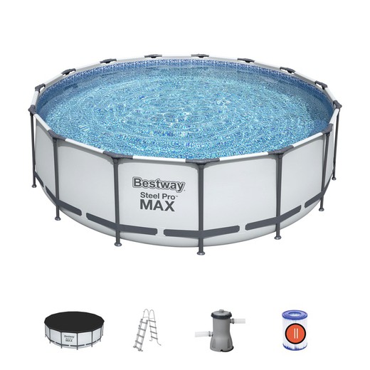 Abnehmbares Röhrenförmiges Pool Bestway Steel Pro Max 457x122 cm mit Kartuschenreiniger 3.028 L/S mit Abdeckung und Leiter