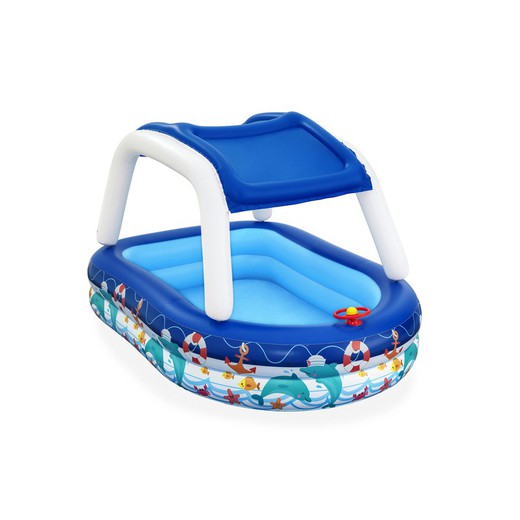 Bestway Children's Inflatable Pool 213x155x132 cm Blue Boat with Protective Roof and Rudder with Horn for Ages Over 3 Years