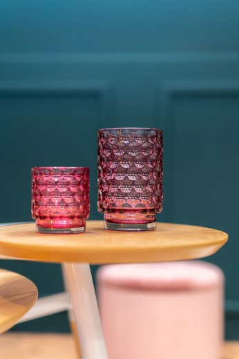 Lyserød lysestage af glas 8,8xh13 cm.