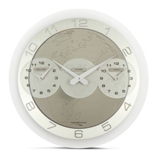 Momentum Tre Ore Wanduhr aus Silbermethacrylat (New York - Madrid - Tokio), Ø45 cm