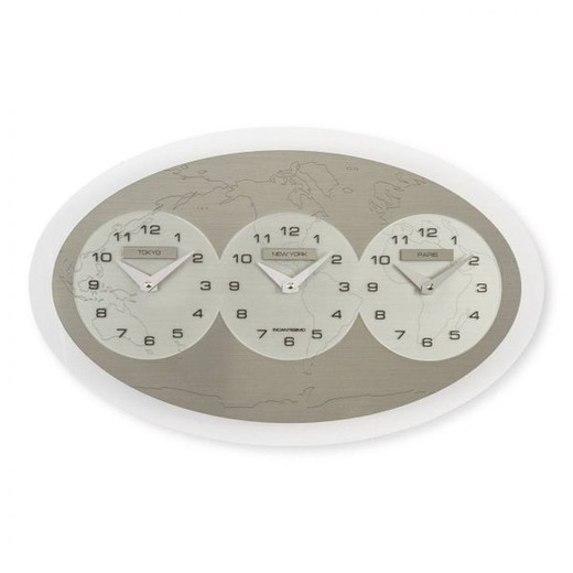 Relógio de parede Tre Ore nel Mondo em metacrilato de prata (Tóquio - Nova York - Paris), 45x28 cm
