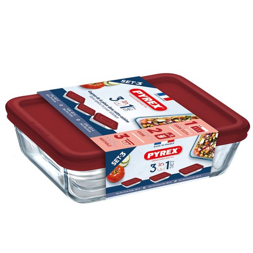 Pyrex Cook & Cristal Congelado Vermelho (3 peças)