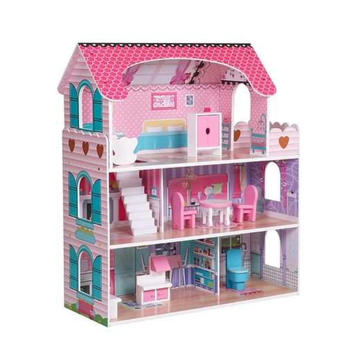 Landa Outdoor Toys Poppenhuis in MDF 62x27x70 cm met 8 meubelaccessoires en 3 verdiepingen