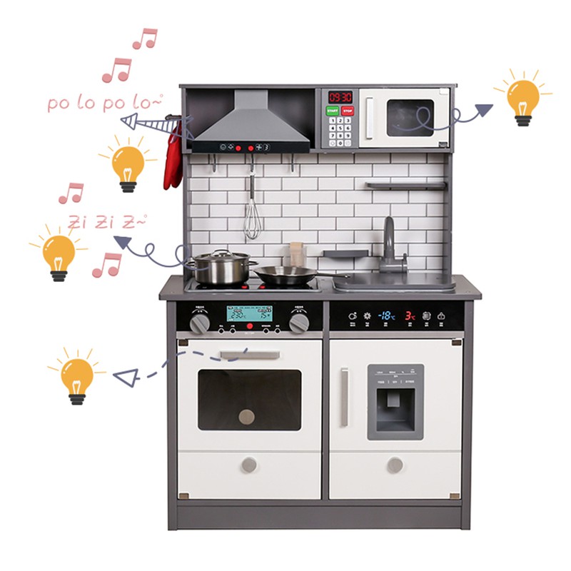 Træbørnekøkken Lille køkken Udendørs legetøj 65x30x93 cm Hvid med tilbehør lys og lyde —