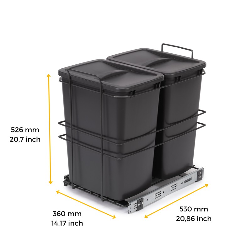 Emuca Contenitore Recycling per fissaggio inferiore ed estrazione manuale  nel mobile da cucina Recycle 2x35 litri, plastica grigio antracite — Brycus