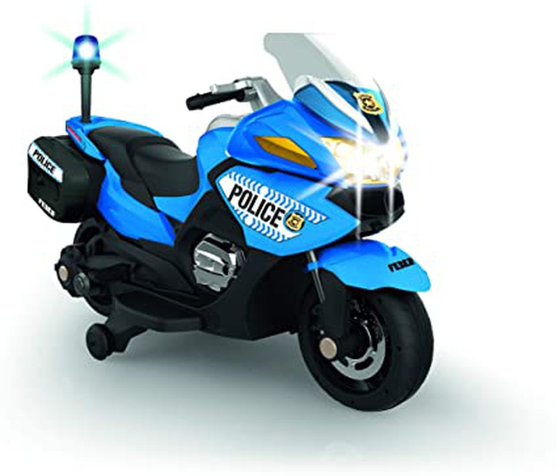 Moto électrique POLICE pour enfant, 12V, 2 moteurs, prise aux, usb, sd  card, roulettes stabilisatrices, lumière avant et arrière