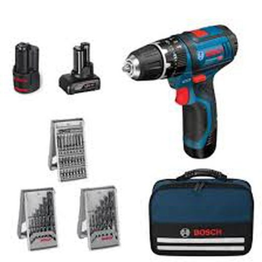 Taladro percutor a batería GSB 12V-15 Professional Bosch 39 Accesorios. 1 Batería de 2,0 Ah y 1 batería de 4,0 Ah. 1 Cargador. Bolsa de transporte.